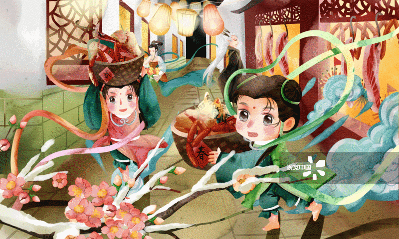 水彩中国传统节日小仙童过春节买年货插画-GIF动图图片素材