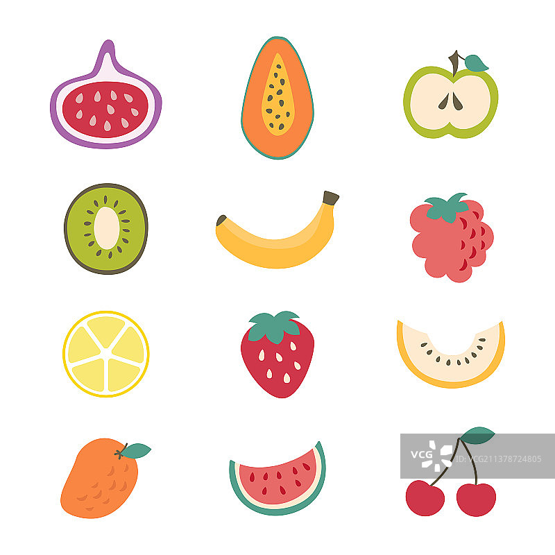 卡通颜色不同类型的水果图标集图片素材