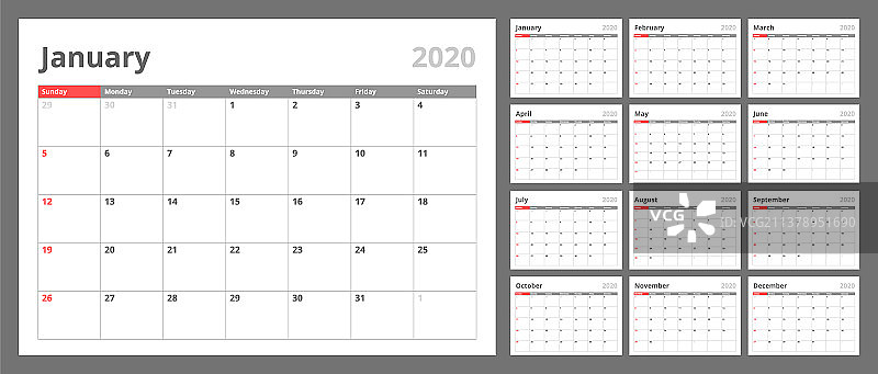 日历为2020年新年在干净的最小表图片素材