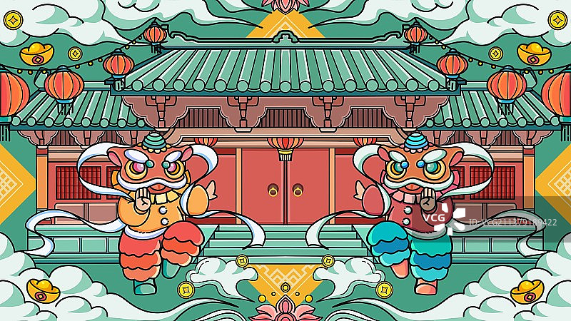 春节舞狮国潮风喜庆插画图片素材
