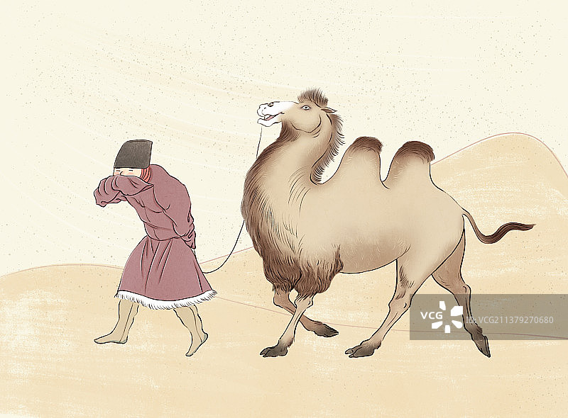 丝绸之路上牵着骆驼赶路的古代商人图片素材