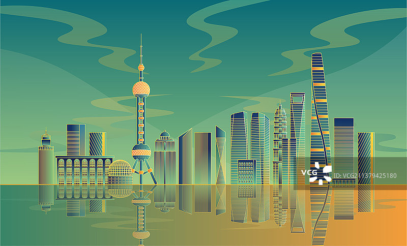 上海城市插画-绿色背景图片素材