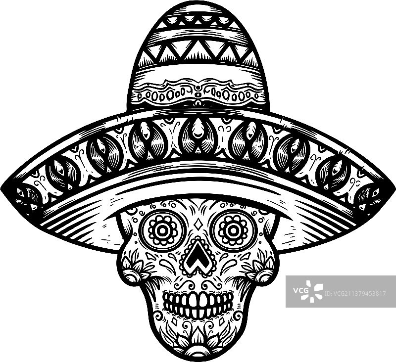 戴着墨西哥宽边帽的墨西哥糖骷髅头死了图片素材
