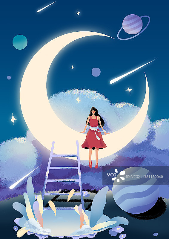 坐在星空月亮上的女孩图片素材