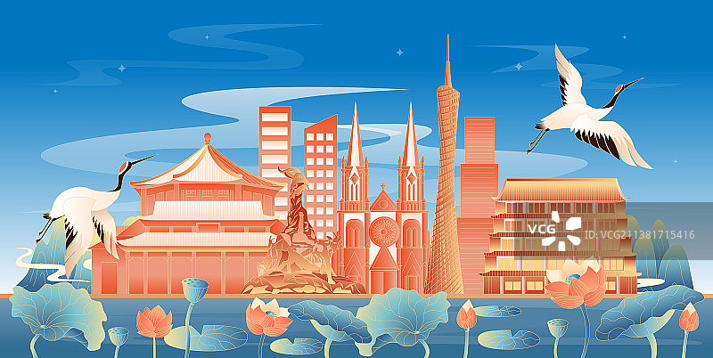 广州地标建筑国潮插画图片素材