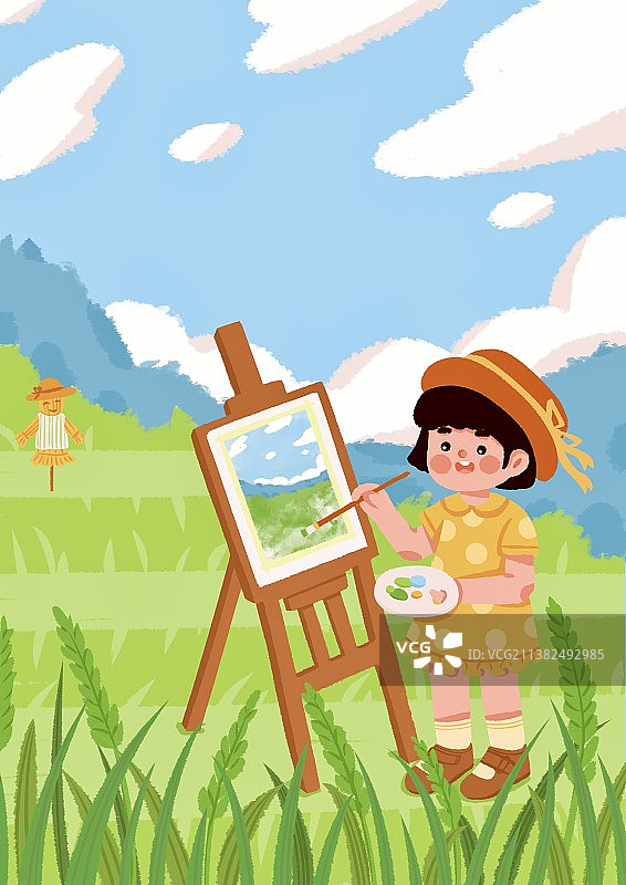 可爱的小女孩在稻田里绘画写生，小满图片素材