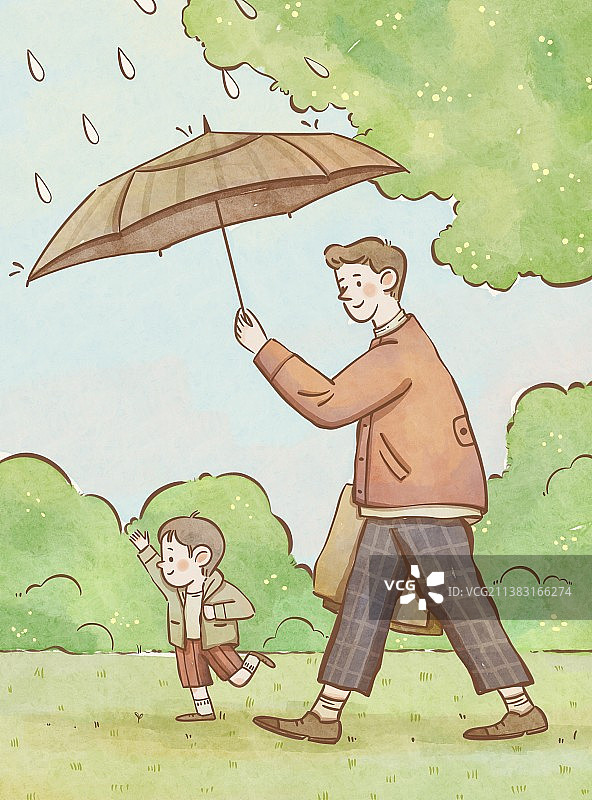 水彩风格为孩子撑伞的爸爸图片素材