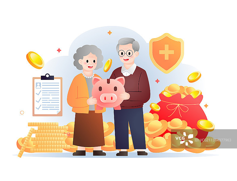 老年人养老保险金融储蓄矢量渐变插画图片素材