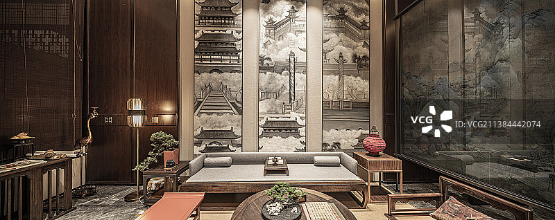新中式别墅客厅样板间图片素材