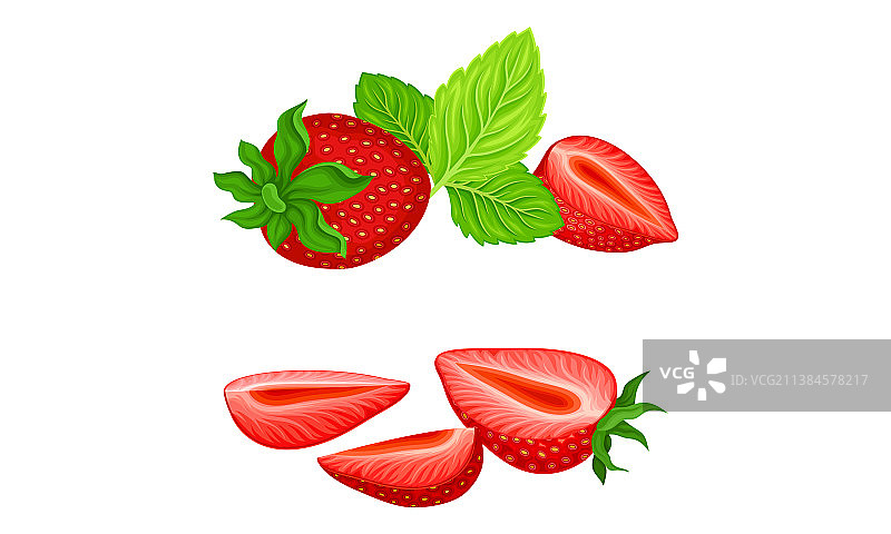 成熟的红草莓，一半带叶图片素材