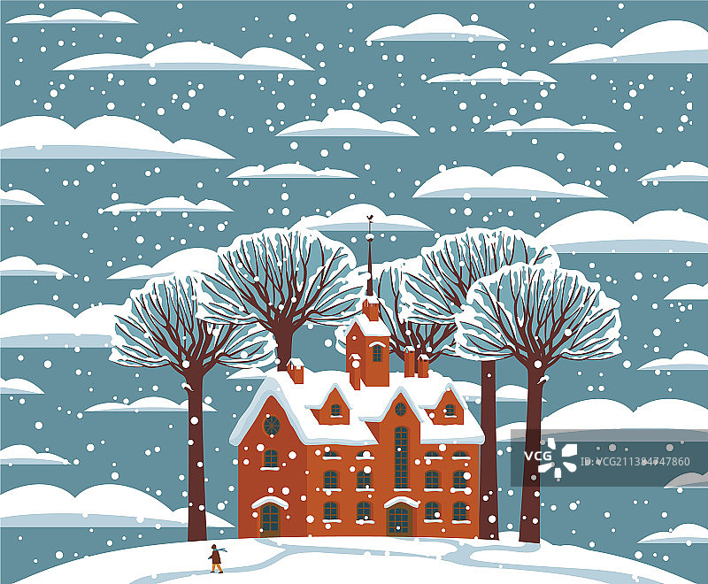 白雪覆盖的房子和树木的冬季景观图片素材