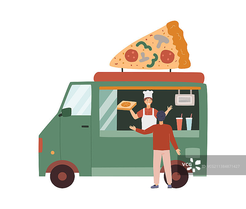 城市街头小吃披萨车或卡车平图片素材