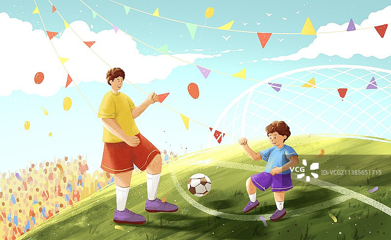 踢足球的父子插画图片素材