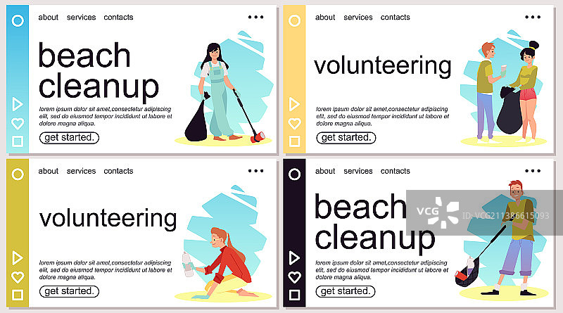 海滩清理和志愿网络横幅设置图片素材