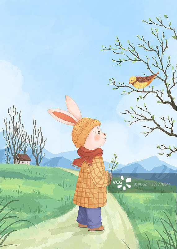 小兔的四季兔年小清新插画二月图片素材