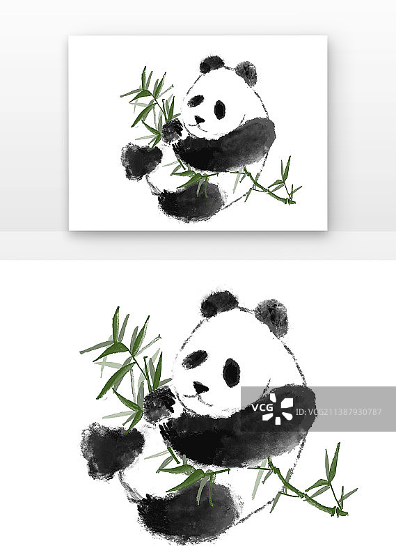 中国水墨动物竹叶熊猫图片素材
