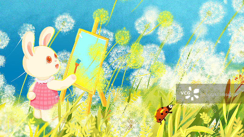 兔年九月风中蒲公英小兔子画板系列插画图片素材