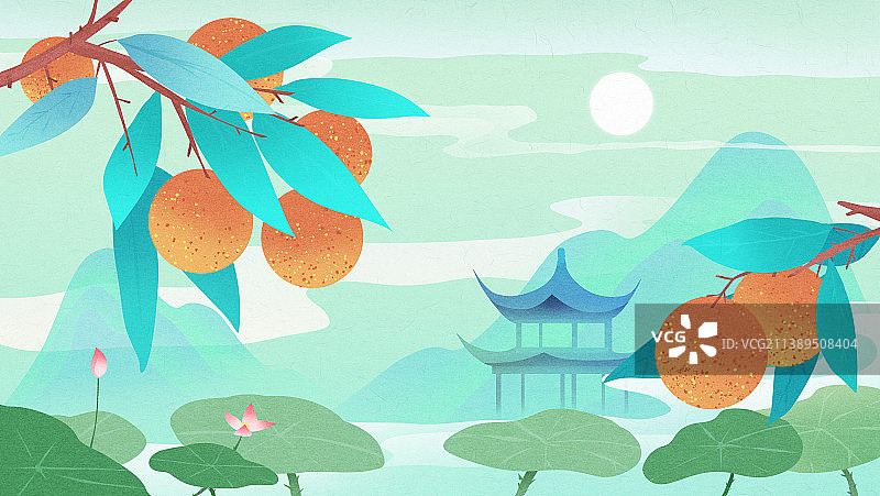 夏天水果成熟新中式风格山水风景插画图片素材