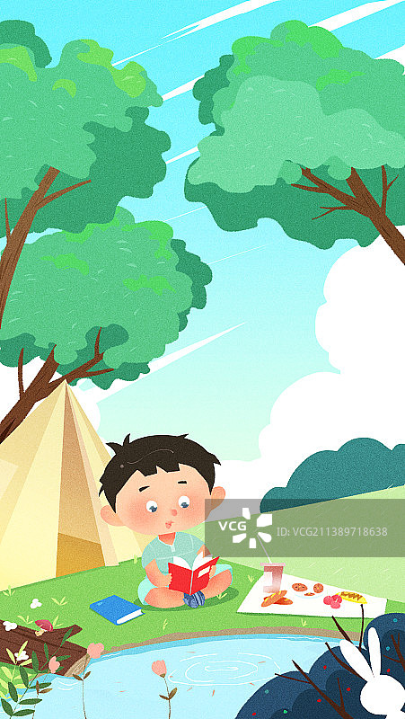 在野外露营的儿童坐在草地上读书休闲风景插画图片素材