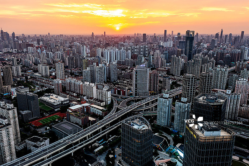 上海城市建筑风光日落航拍图片素材