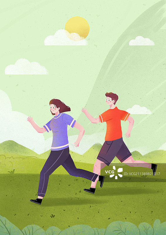 全民健身日正在草原中进行热身跑步的两个人图片素材