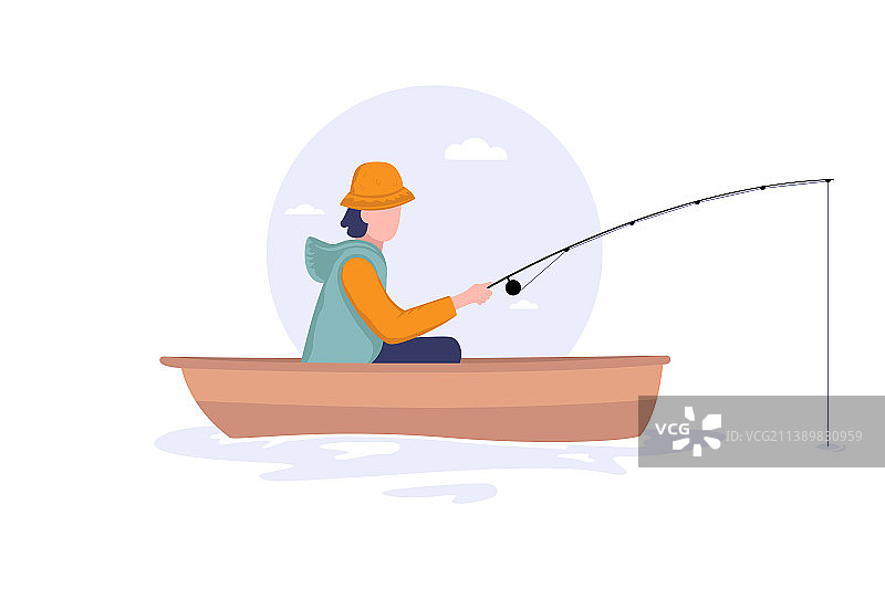 渔夫拿着鱼竿坐在船上图片素材