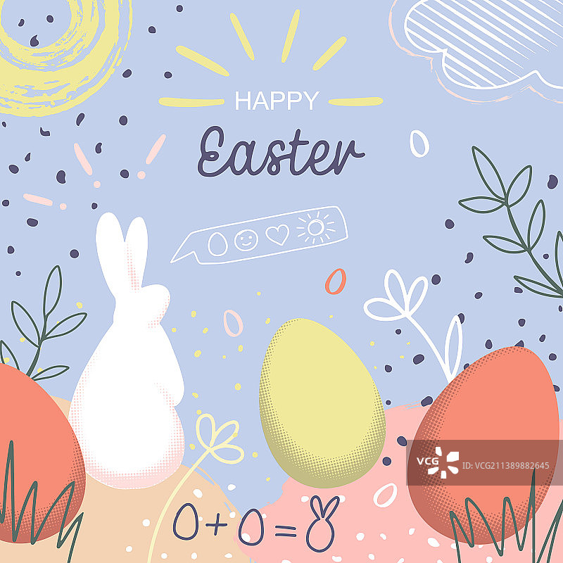 快乐的复活节手绘彩蛋和兔子图片素材