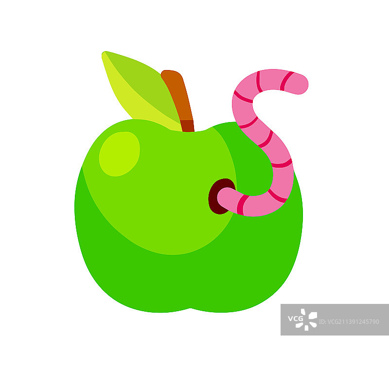 绿色的苹果水果与蠕虫扁平的卡通图片素材