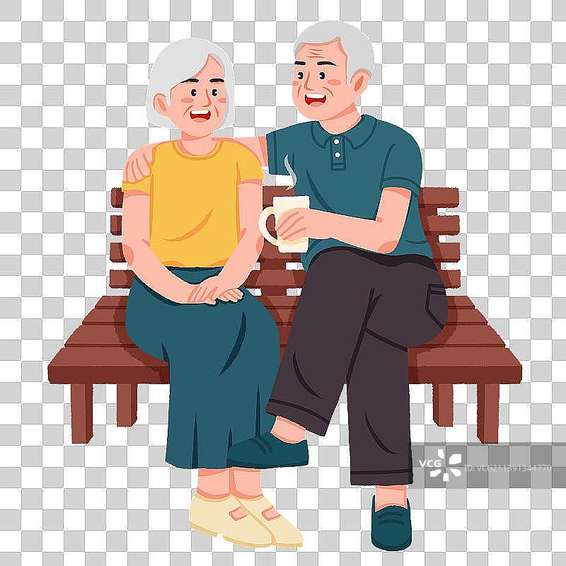 重阳节，老年人夫妻坐在公园椅子喝茶图片素材