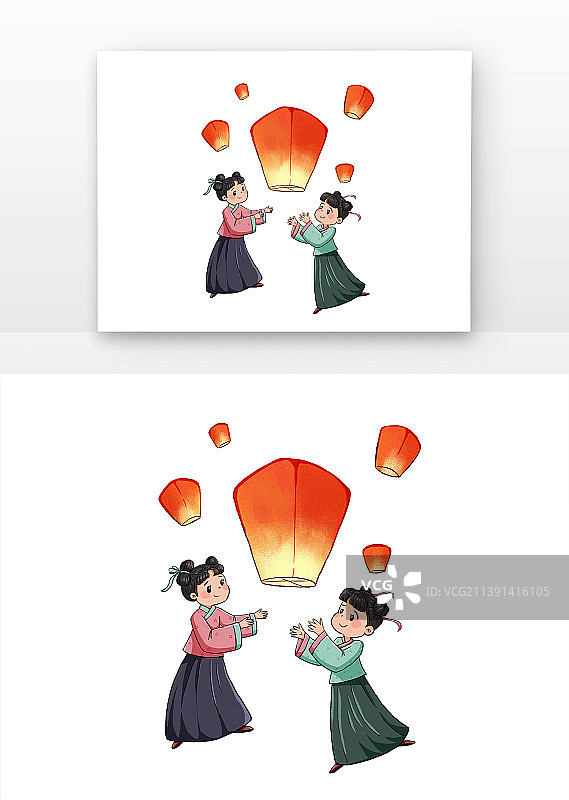 中元节古风女孩一起放孔明灯祈福图图片素材