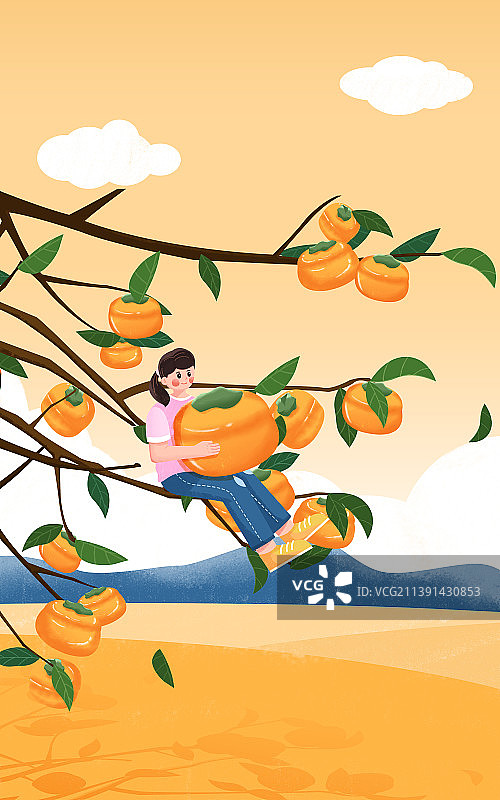 传统节气秋分少女怀抱柿子果实插画海报图片素材