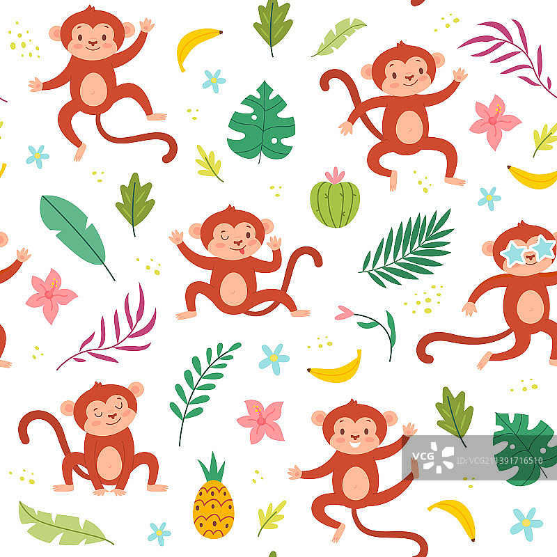 可爱的猴子无缝图案热带树叶和图片素材