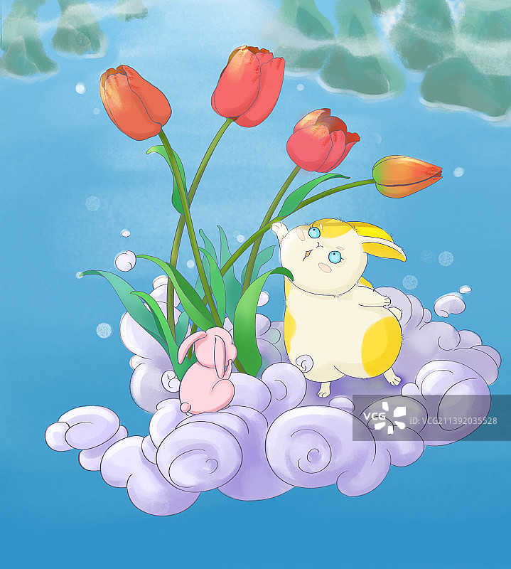 山海云上两只小兔子攀折郁金香图片素材