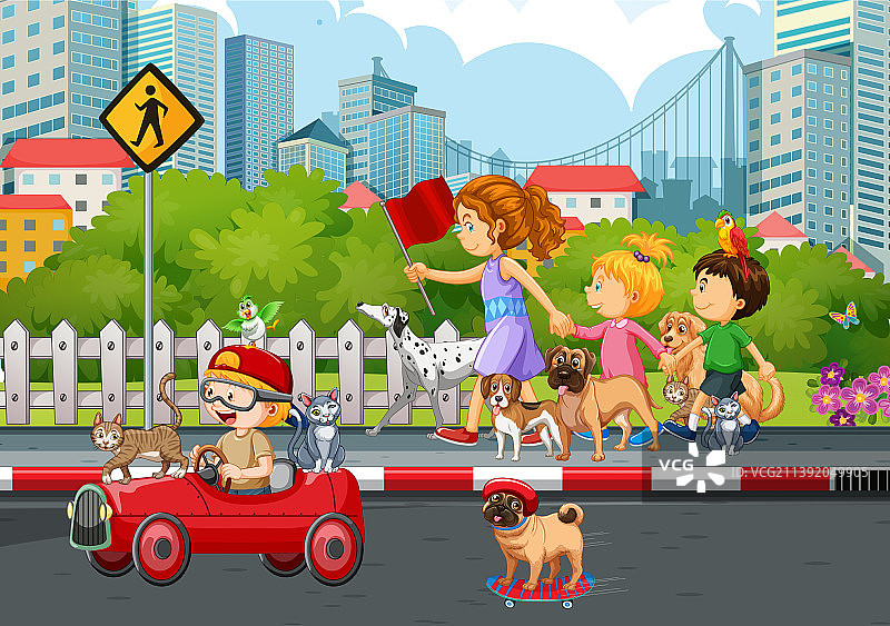 孩子们和狗狗玩耍的城市场景图片素材