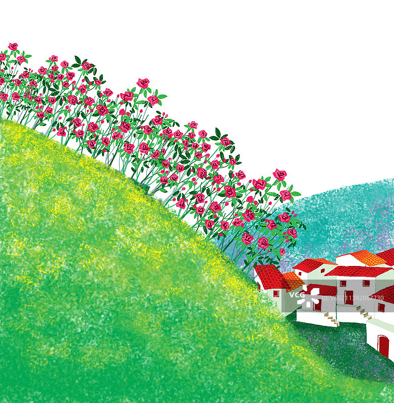 白色背景下红色开花植物和远方的小镇图片素材