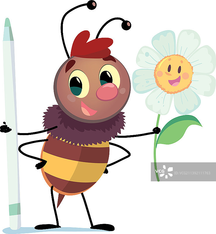蜜蜂拿着一支数字笔和一朵欢快的花图片素材