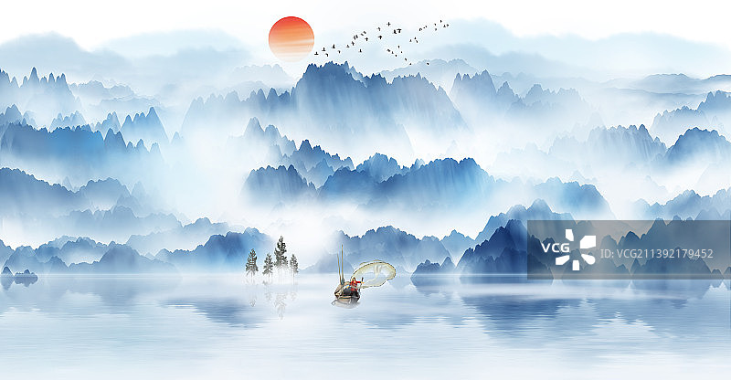 中国风意境写意水墨群山山水画图片素材