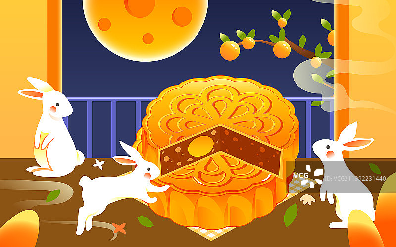 中秋节玉兔赏月吃月饼传统节日兔子望月插画图片素材