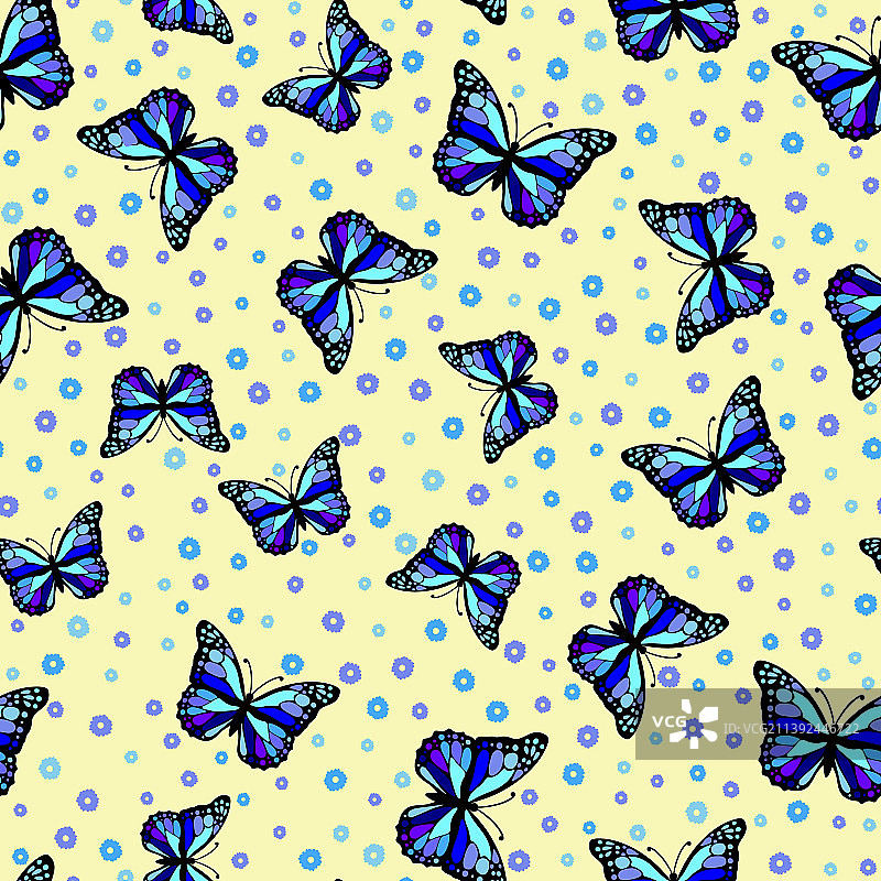 明亮的无缝图案与蓝色蝴蝶图片素材