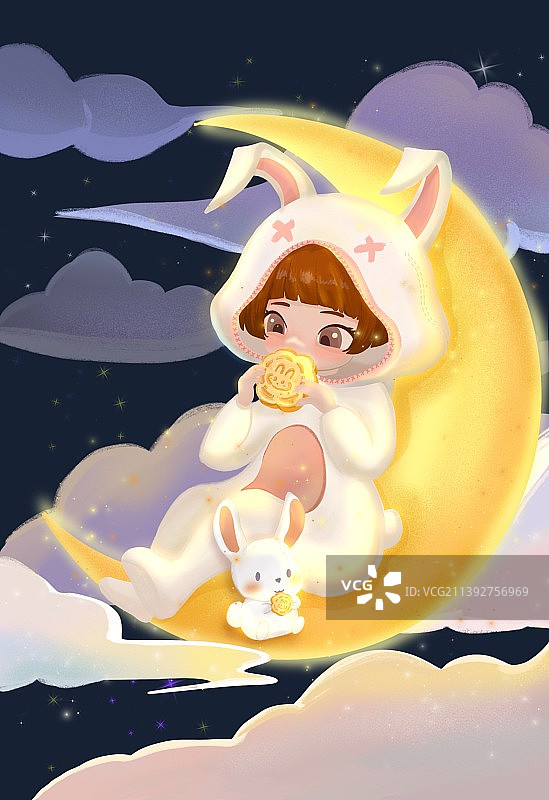 兔女孩在月亮上吃月饼图片素材