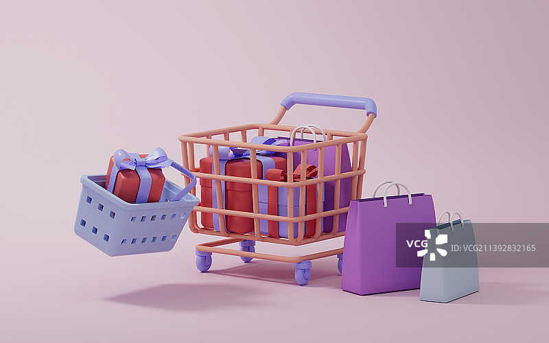 购物车和礼盒手提袋3D渲染图片素材