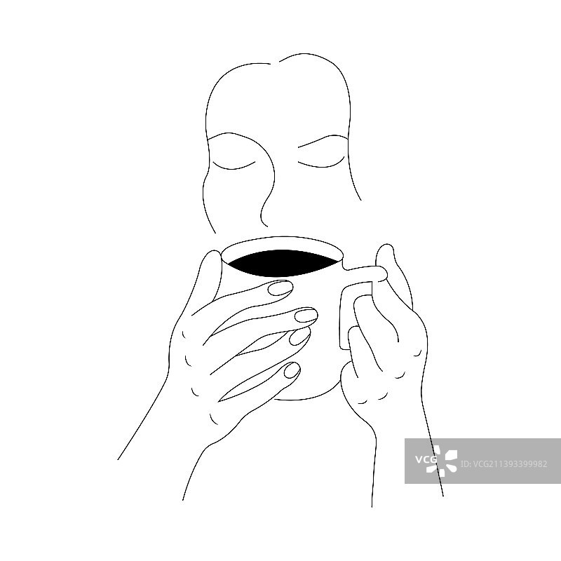 一个女孩喝咖啡或茶的剪影图片素材