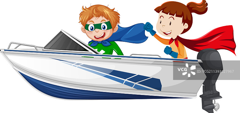 英雄男孩和女孩坐在一艘快艇上图片素材