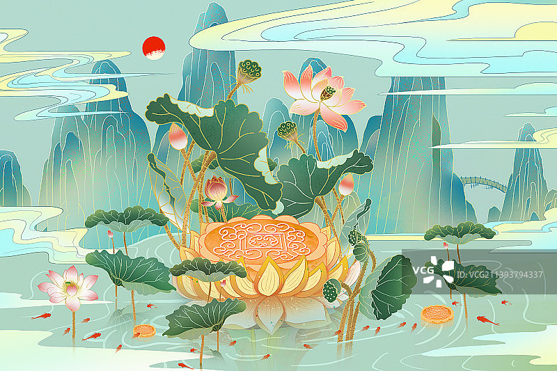 国潮风中秋节插画 坐莲上的嫦娥抱着玉兔图片素材