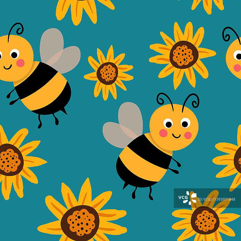 无缝图案与蜜蜂在花卉背景图片素材