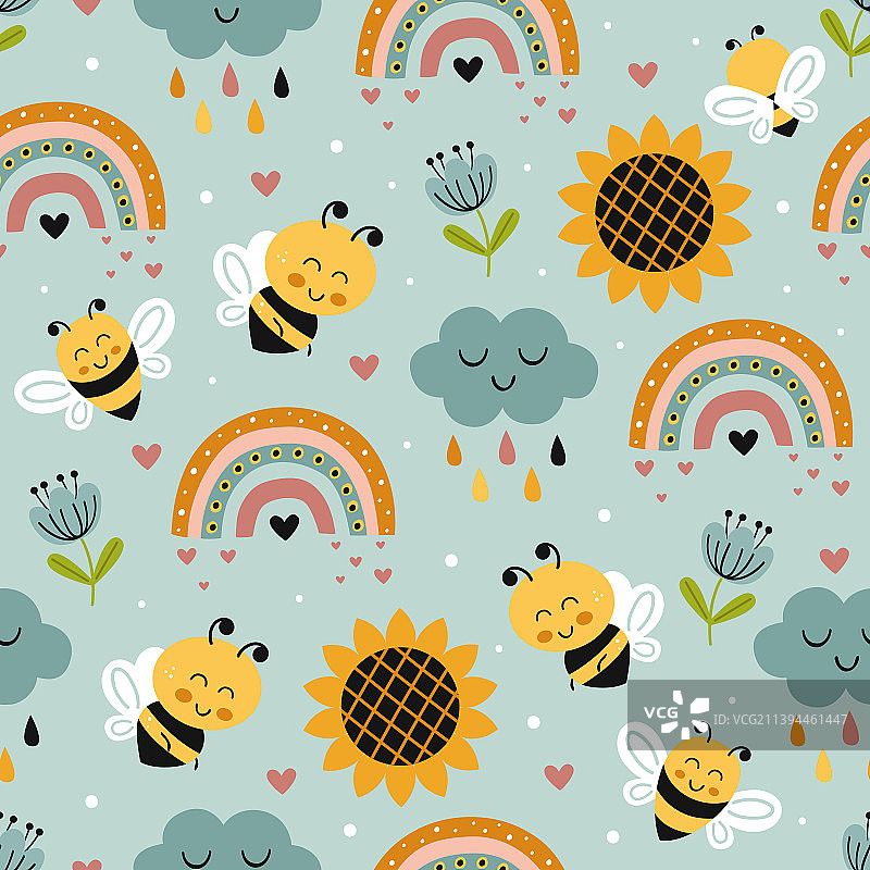 无缝图案与蜜蜂向日葵彩虹图片素材