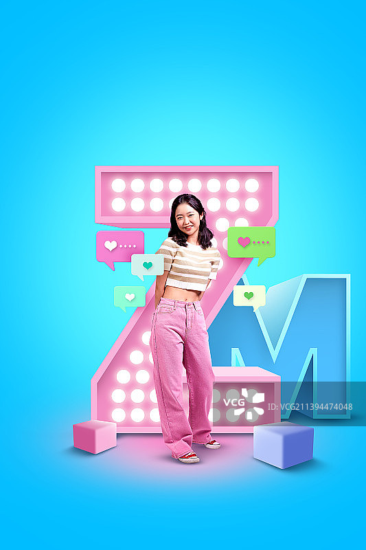 韩国亚裔年轻女孩的海报来自mz一代视频创作者，有影响力的人图片素材