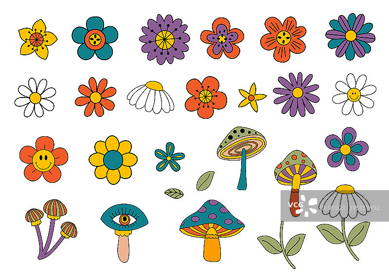 一套孤立的复古花卉和蘑菇图片素材
