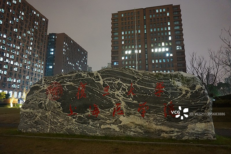 复旦大学上海医学院地标石碑夜景, 世界名校, 中国名校, 开学季图片素材