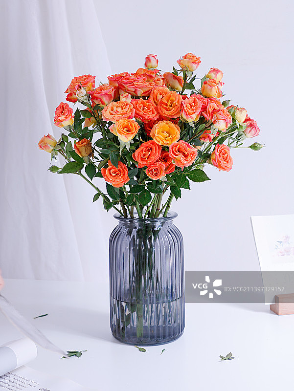 白色桌面上摆放着插好的鲜花玫瑰图片素材